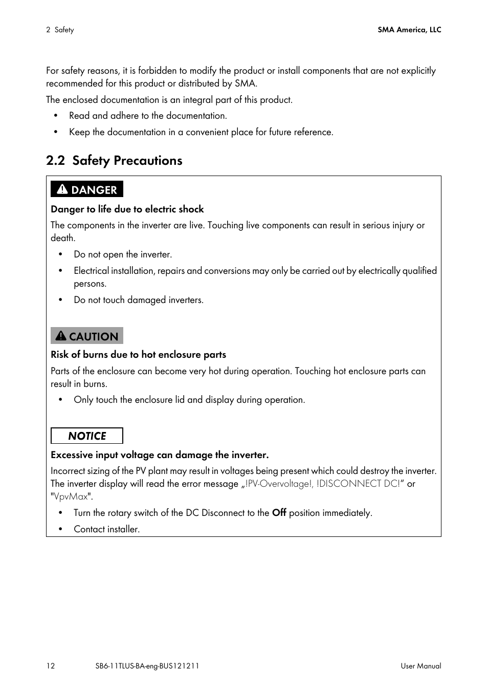 2 safety precautions, Safety precautions | SMA SB 6000TL‑US User Manual | Page 12 / 40