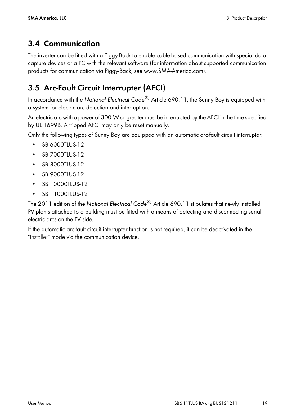 4 communication, 5 arc-fault circuit interrupter (afci), Communication | Arc-fault circuit interrupter (afci) | SMA SB 6000TL‑US User Manual | Page 19 / 40