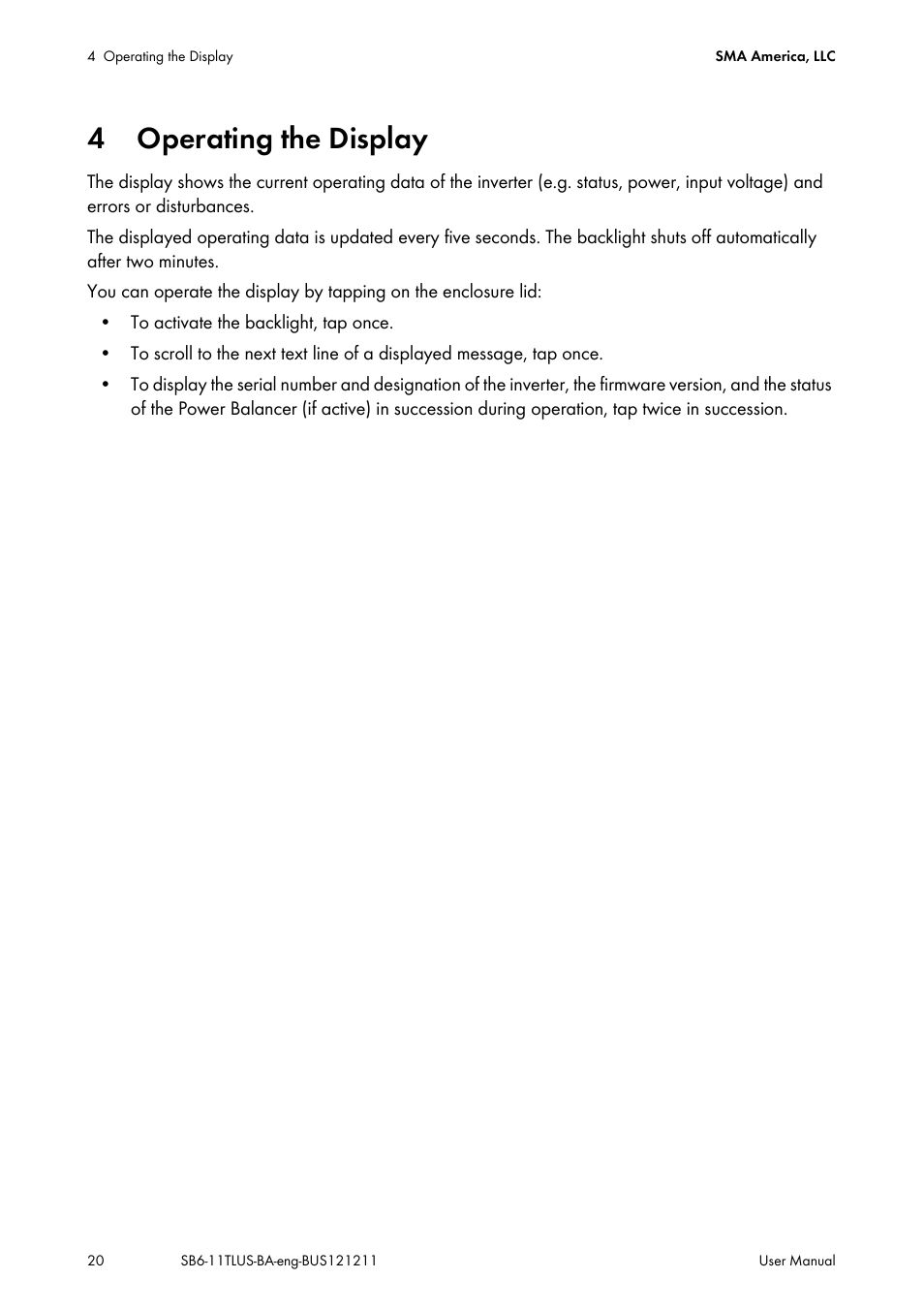 4 operating the display, Operating the display, Ation (see section 4) | SMA SB 6000TL‑US User Manual | Page 20 / 40
