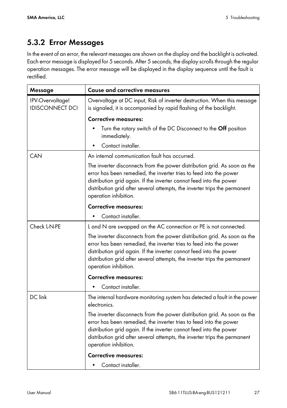 2 error messages, Error messages, Ection 5.3.2) | SMA SB 6000TL‑US User Manual | Page 27 / 40
