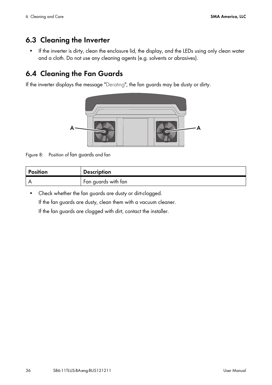 3 cleaning the inverter, 4 cleaning the fan guards, Cleaning the inverter | Cleaning the fan guards | SMA SB 6000TL‑US User Manual | Page 36 / 40