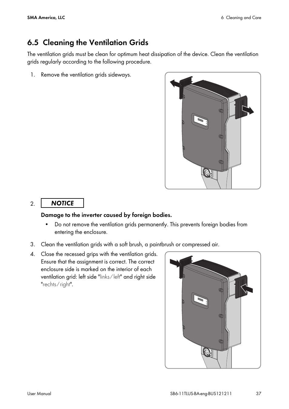 5 cleaning the ventilation grids, Cleaning the ventilation grids | SMA SB 6000TL‑US User Manual | Page 37 / 40