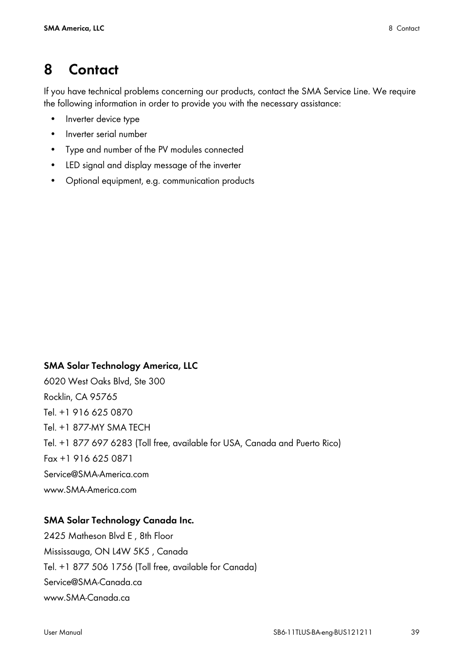 8 contact, Contact | SMA SB 6000TL‑US User Manual | Page 39 / 40