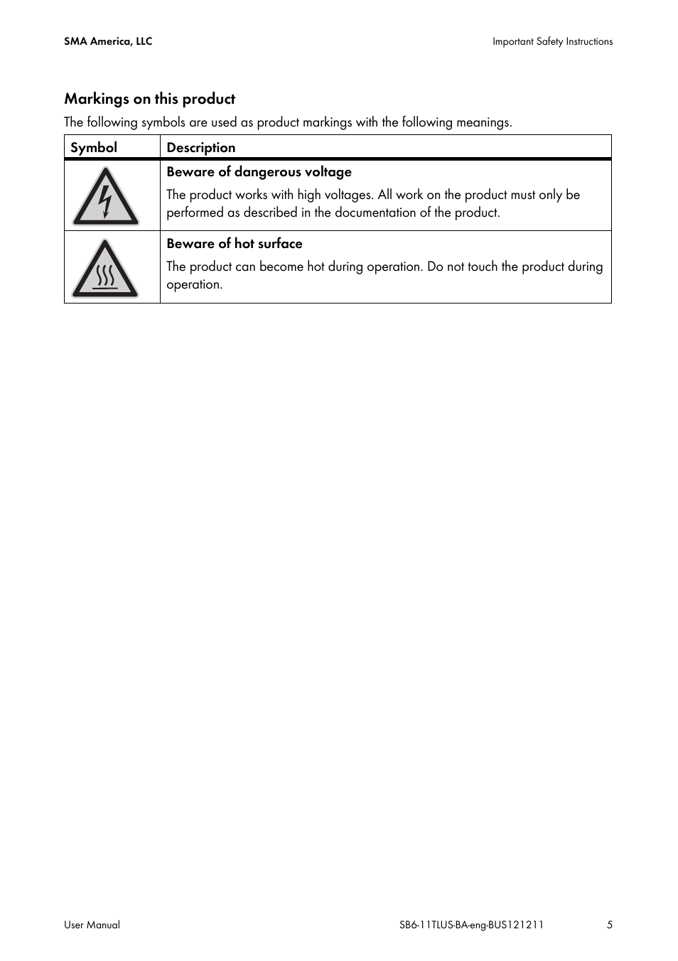 Markings on this product | SMA SB 6000TL‑US User Manual | Page 5 / 40