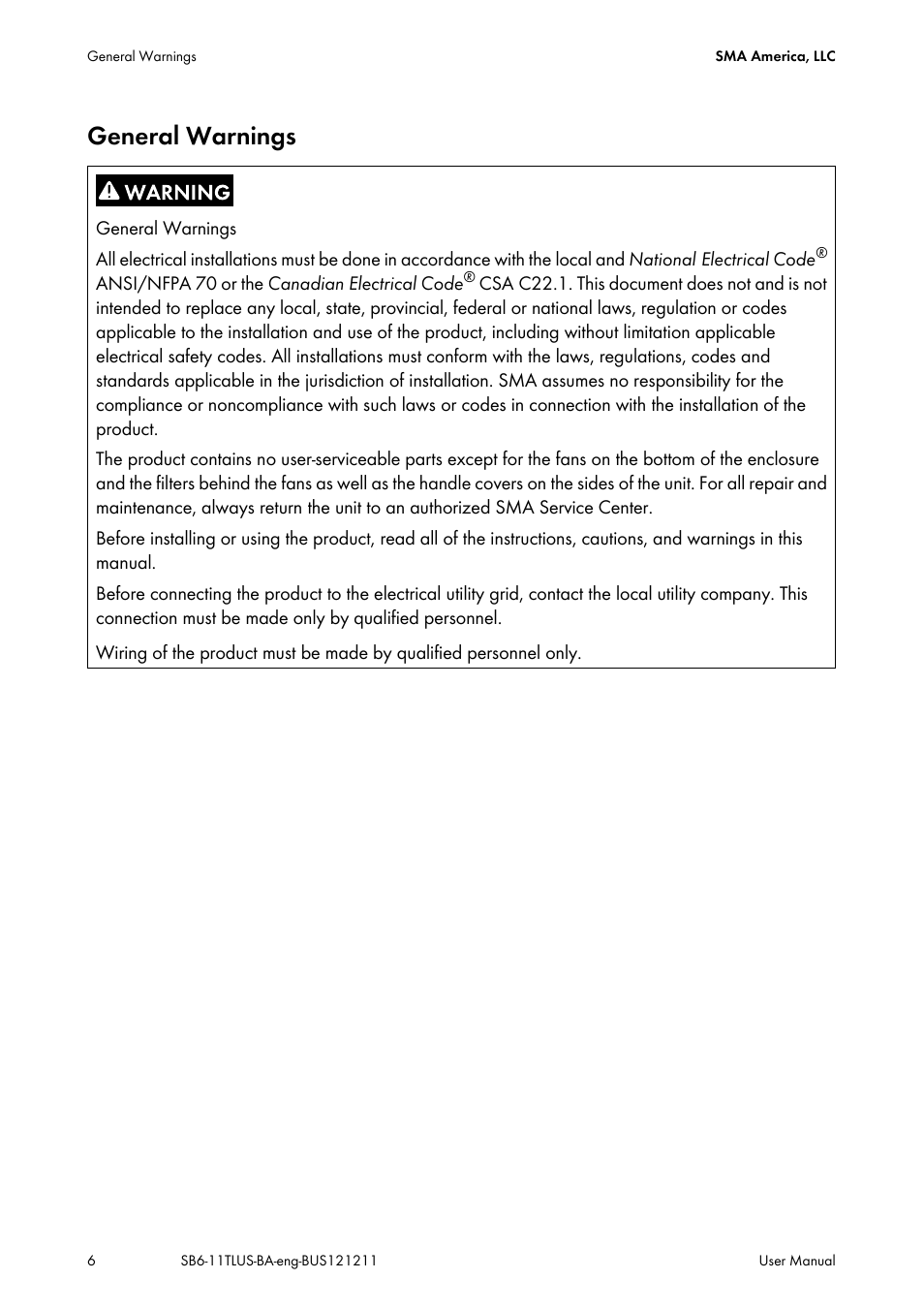 General warnings | SMA SB 6000TL‑US User Manual | Page 6 / 40