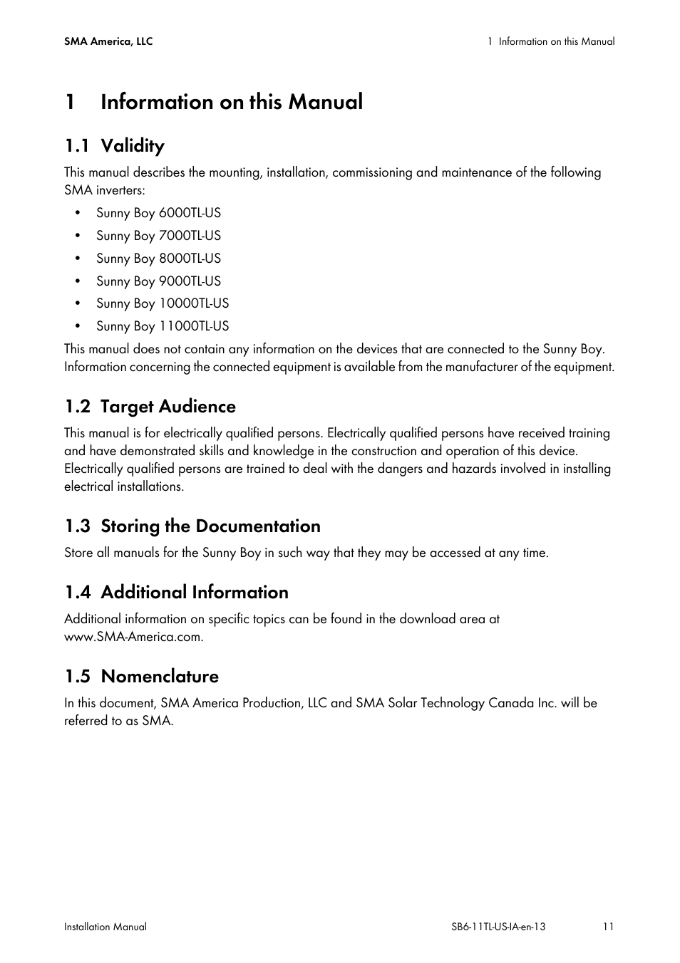 1 information on this manual, 1 validity, 2 target audience | 3 storing the documentation, 4 additional information, 5 nomenclature, Information on this manual, Validity, Target audience, Storing the documentation | SMA SB 6000TL‑US Installation User Manual | Page 11 / 92