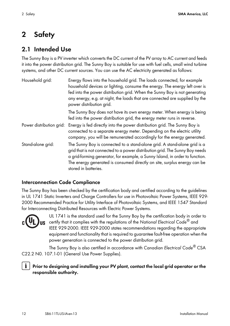 2 safety, 1 intended use, Safety | Intended use | SMA SB 6000TL‑US Installation User Manual | Page 12 / 92