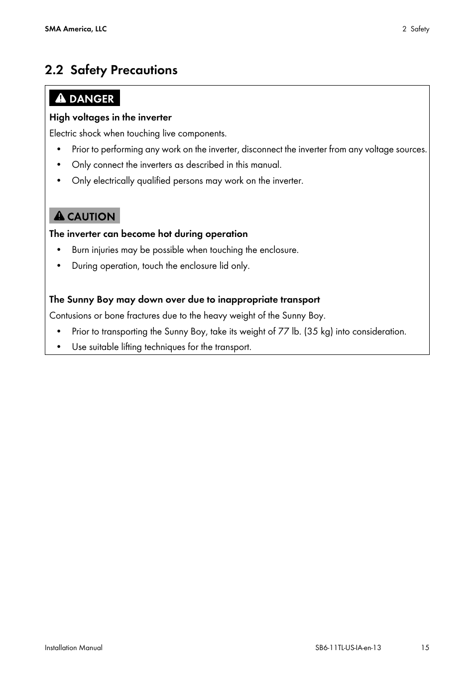 2 safety precautions, Safety precautions | SMA SB 6000TL‑US Installation User Manual | Page 15 / 92