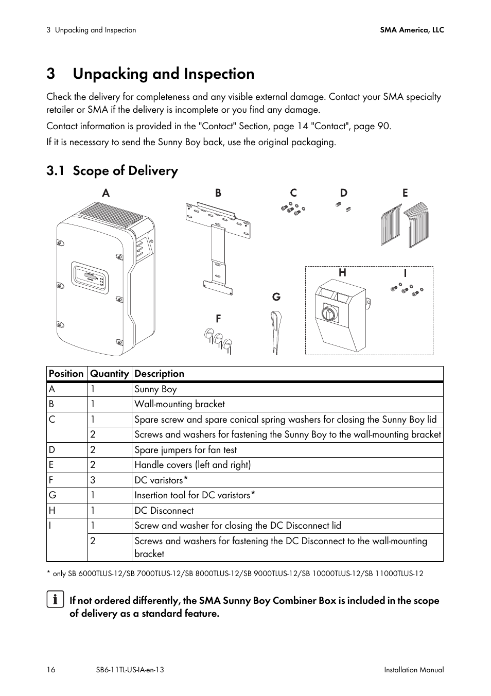 3 unpacking and inspection, 1 scope of delivery, Unpacking and inspection | Scope of delivery | SMA SB 6000TL‑US Installation User Manual | Page 16 / 92