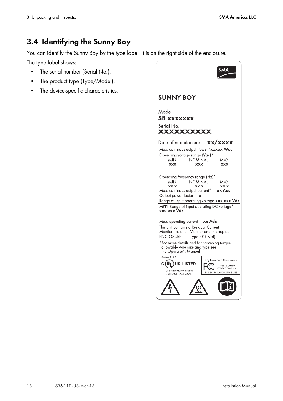 4 identifying the sunny boy, Identifying the sunny boy | SMA SB 6000TL‑US Installation User Manual | Page 18 / 92