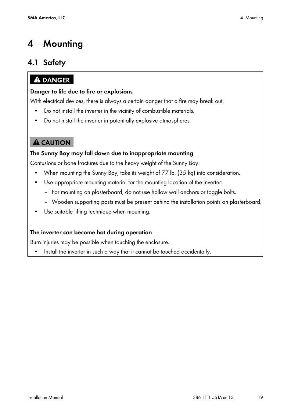 4 mounting, 1 safety, Mounting | Safety | SMA SB 6000TL‑US Installation User Manual | Page 19 / 92