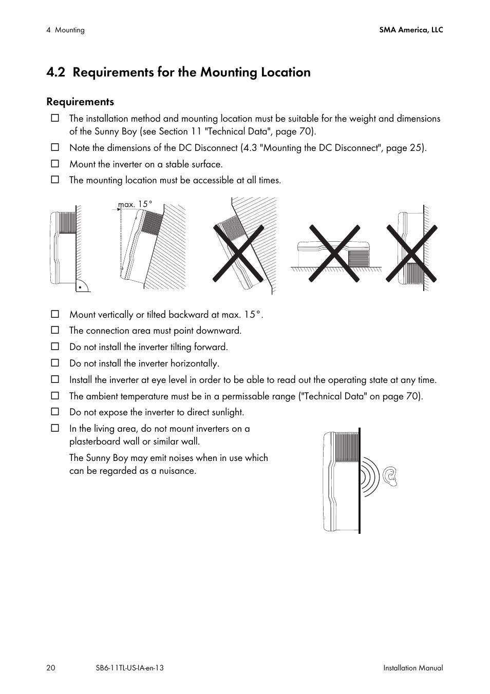 2 requirements for the mounting location, Requirements for the mounting location | SMA SB 6000TL‑US Installation User Manual | Page 20 / 92