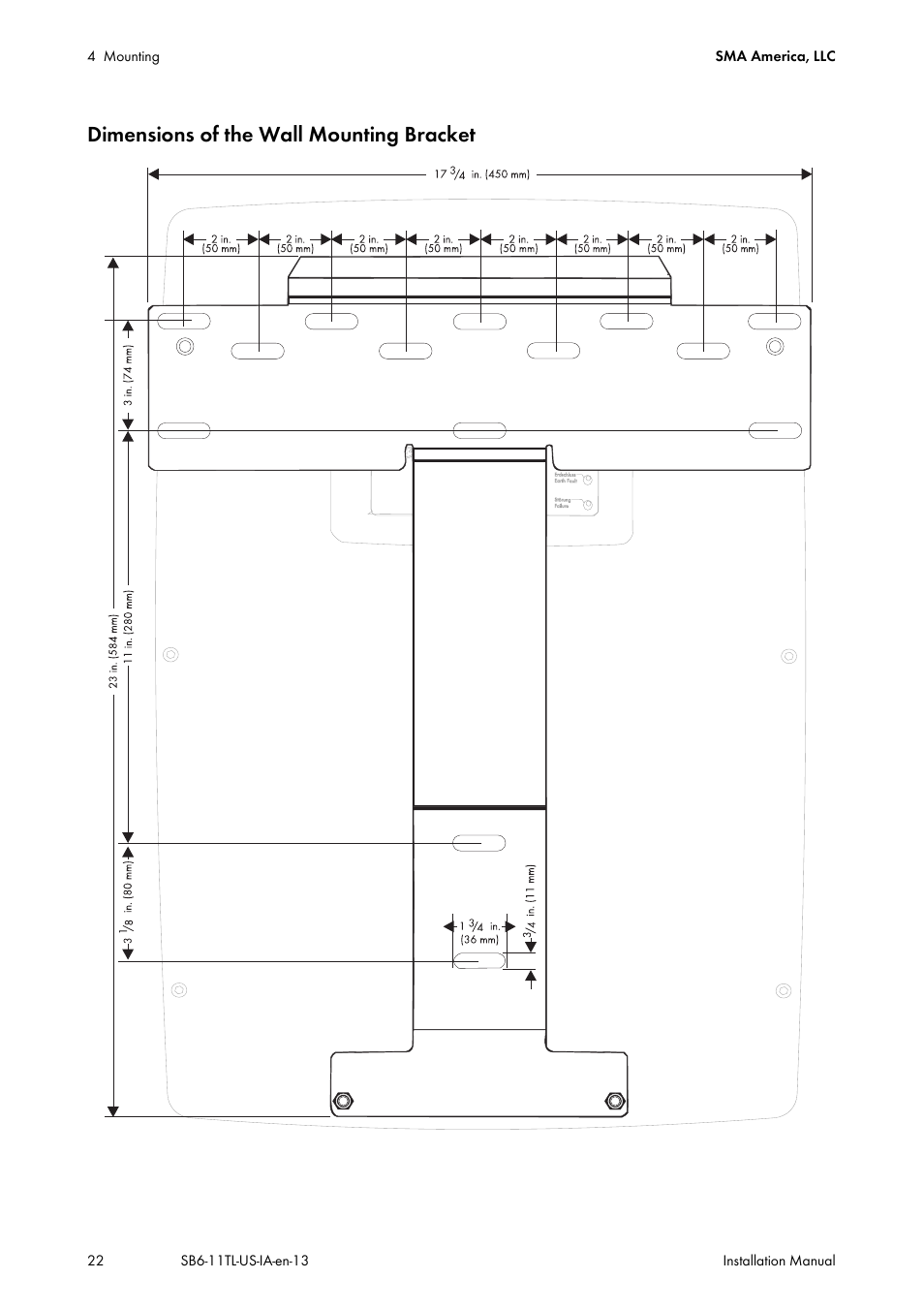 Dimensions of the wall mounting bracket | SMA SB 6000TL‑US Installation User Manual | Page 22 / 92