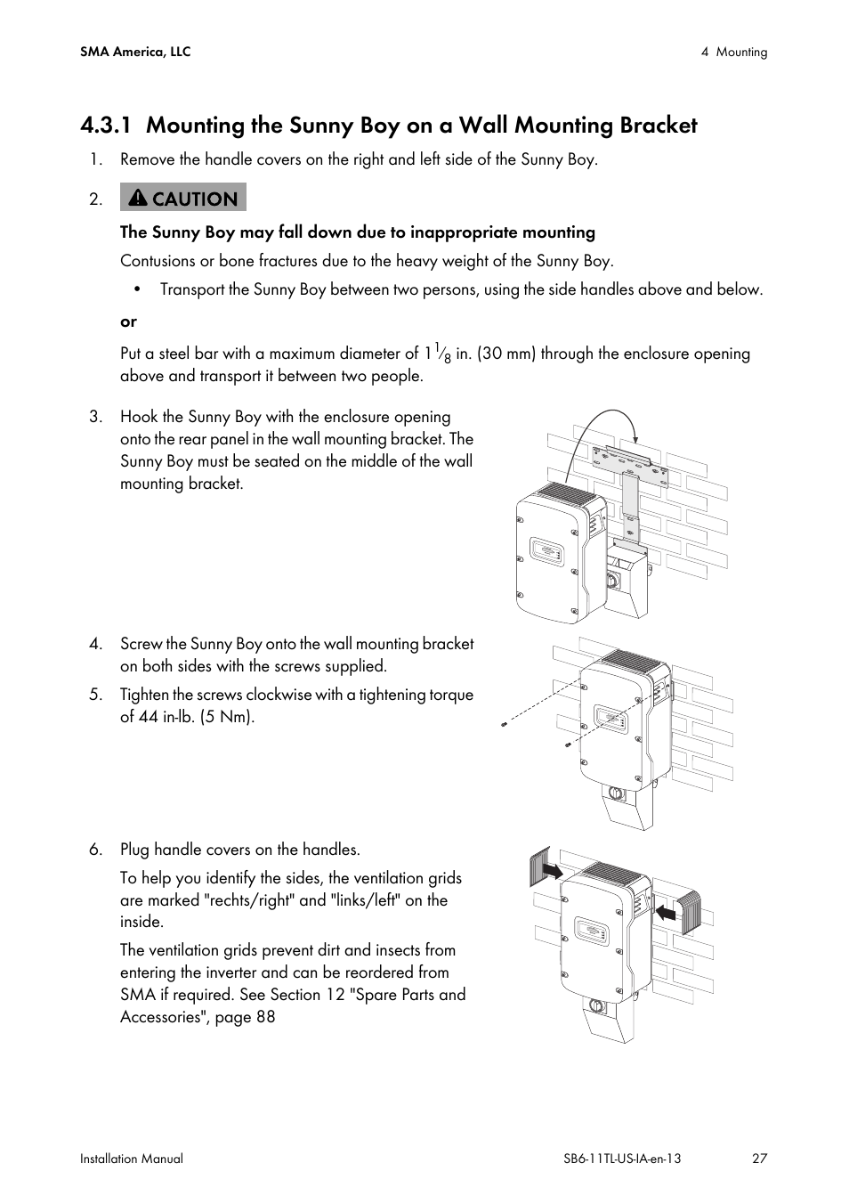 Mounting the sunny boy on a wall mounting bracket | SMA SB 6000TL‑US Installation User Manual | Page 27 / 92