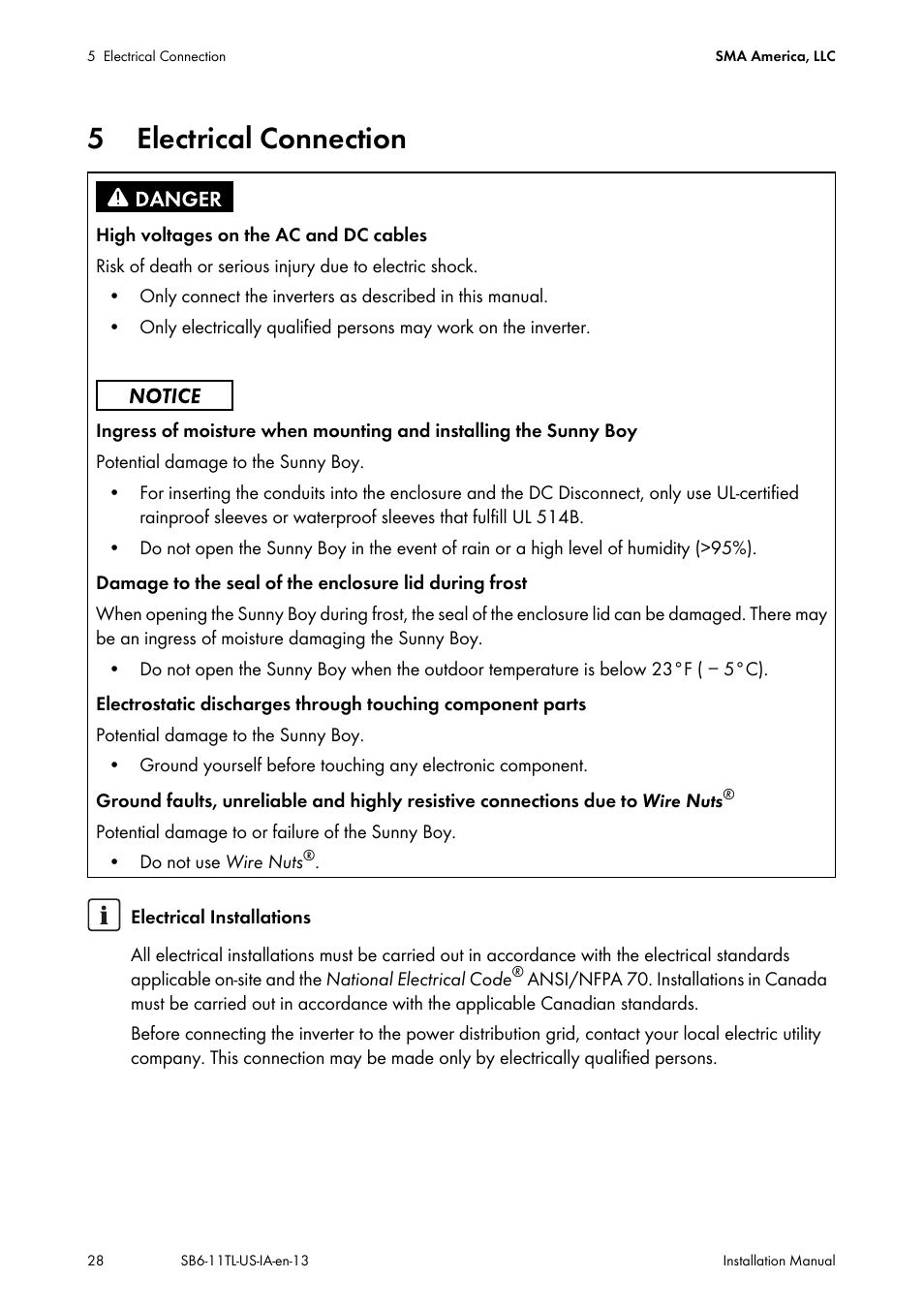 5 electrical connection, Electrical connection | SMA SB 6000TL‑US Installation User Manual | Page 28 / 92