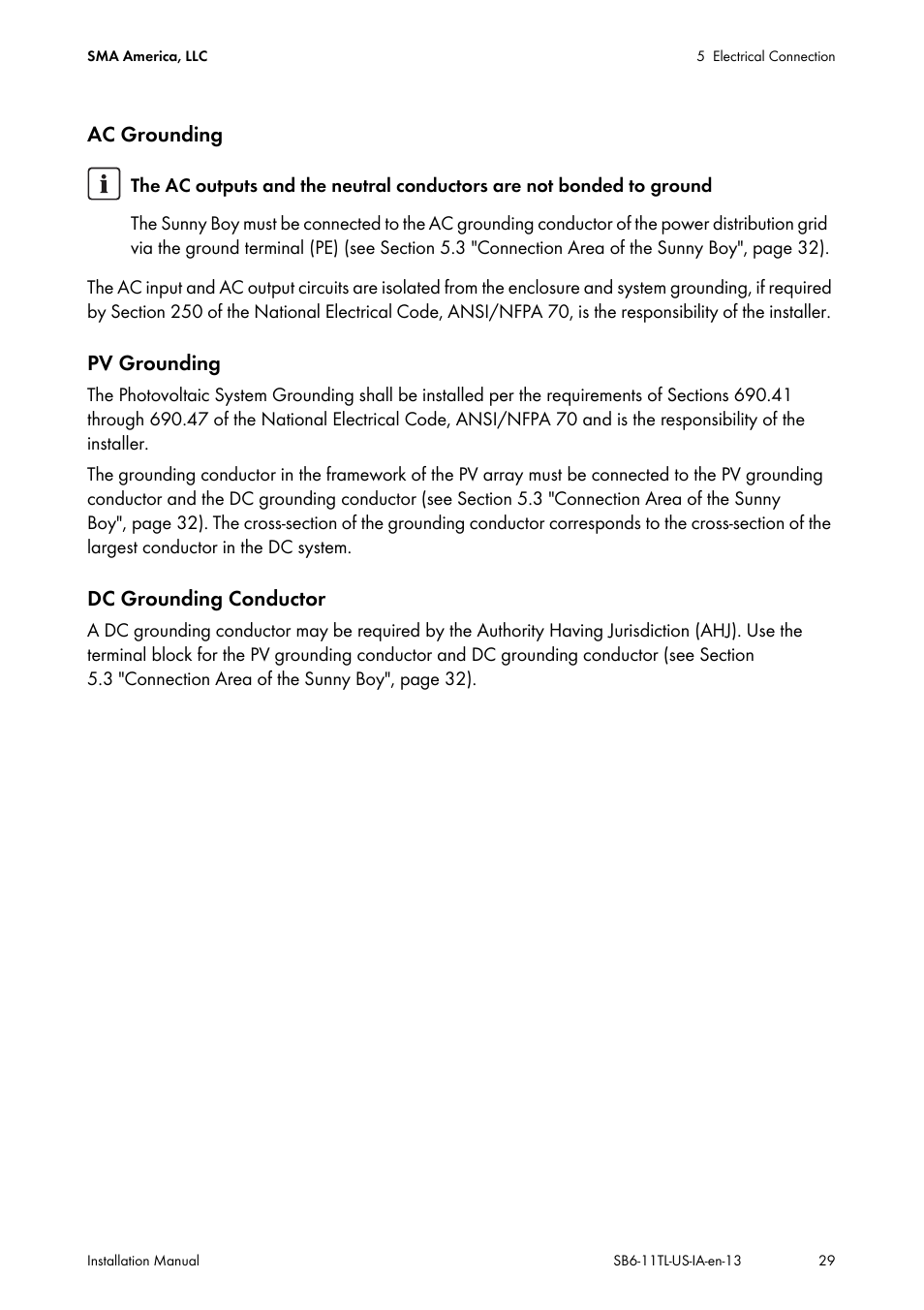 Ac grounding, Pv grounding, Dc grounding conductor | SMA SB 6000TL‑US Installation User Manual | Page 29 / 92
