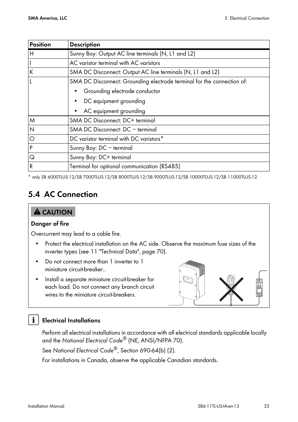 4 ac connection, Ac connection | SMA SB 6000TL‑US Installation User Manual | Page 33 / 92