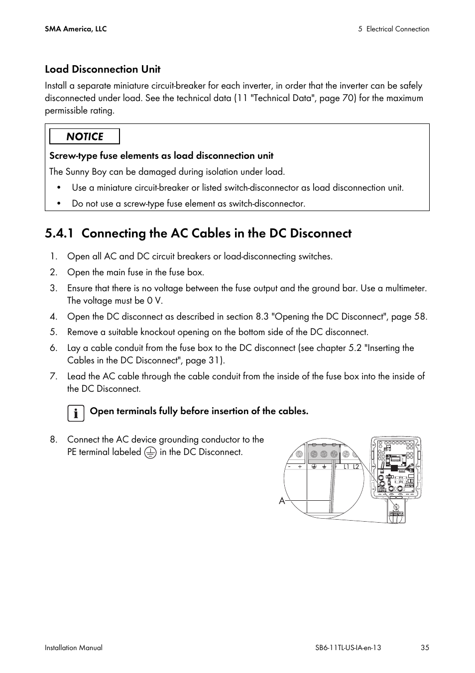 1 connecting the ac cables in the dc disconnect, Connecting the ac cables in the dc disconnect | SMA SB 6000TL‑US Installation User Manual | Page 35 / 92