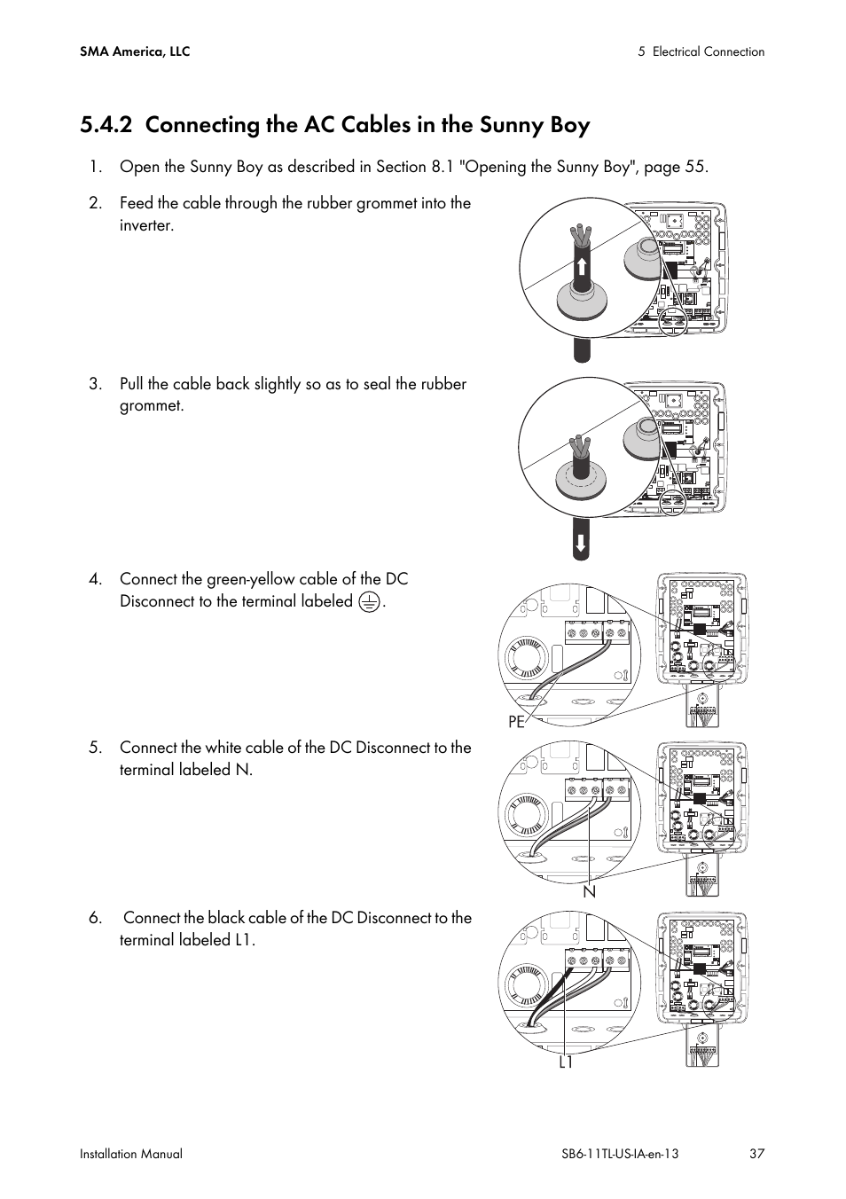2 connecting the ac cables in the sunny boy, Connecting the ac cables in the sunny boy | SMA SB 6000TL‑US Installation User Manual | Page 37 / 92