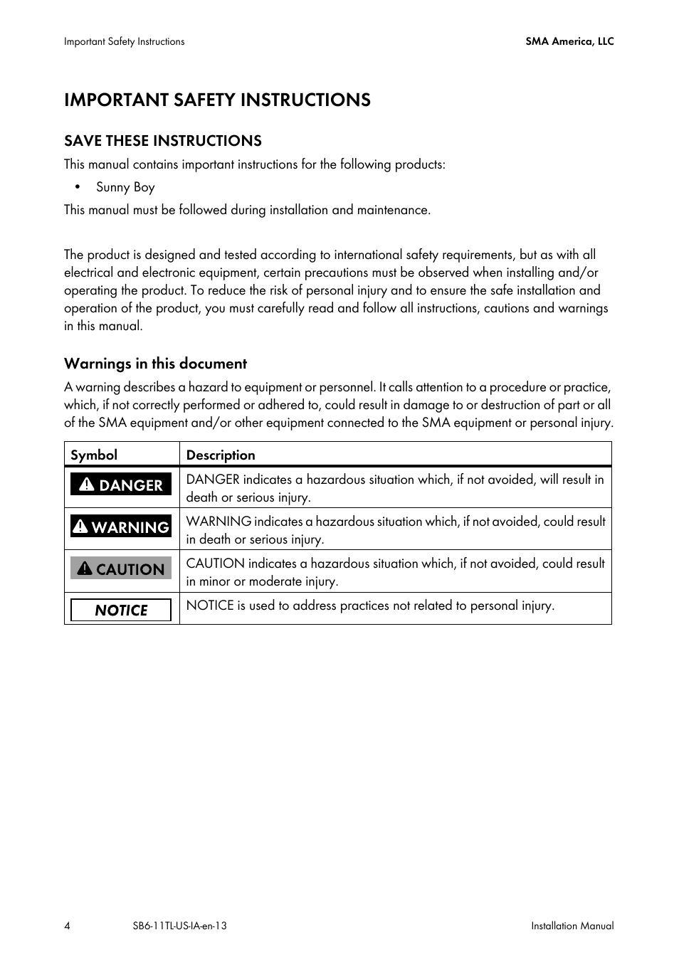 Important safety instructions | SMA SB 6000TL‑US Installation User Manual | Page 4 / 92
