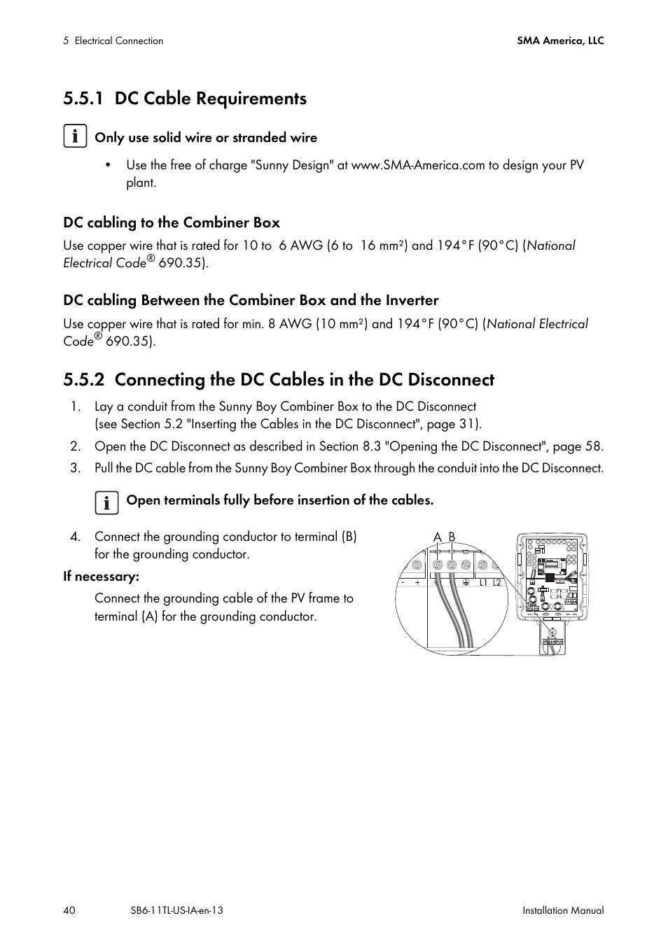 1 dc cable requirements, 2 connecting the dc cables in the dc disconnect, Dc cable requirements | Connecting the dc cables in the dc disconnect | SMA SB 6000TL‑US Installation User Manual | Page 40 / 92