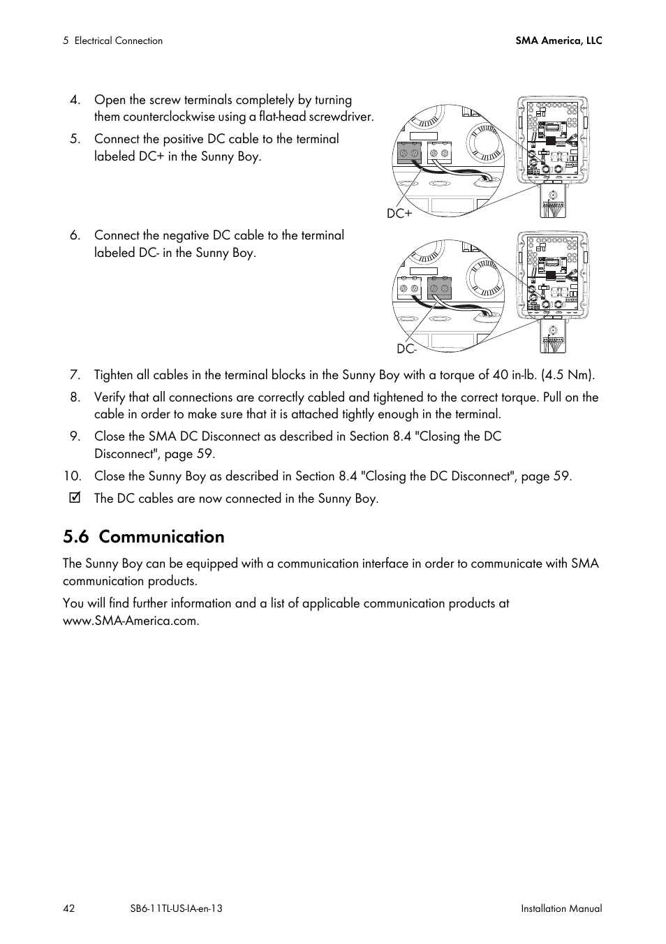 6 communication, Communication | SMA SB 6000TL‑US Installation User Manual | Page 42 / 92