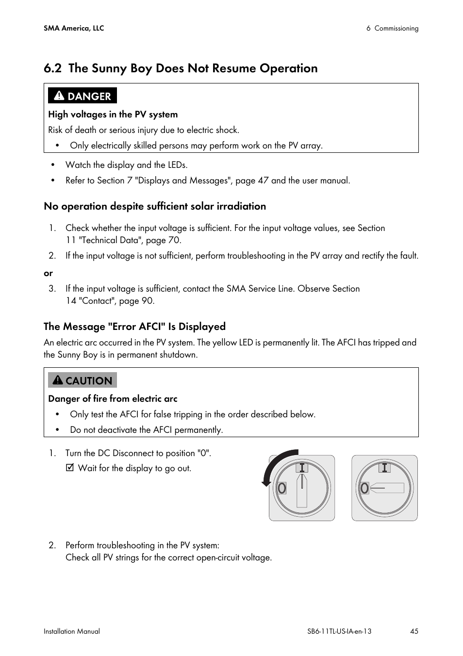 2 the sunny boy does not resume operation, The sunny boy does not resume operation | SMA SB 6000TL‑US Installation User Manual | Page 45 / 92