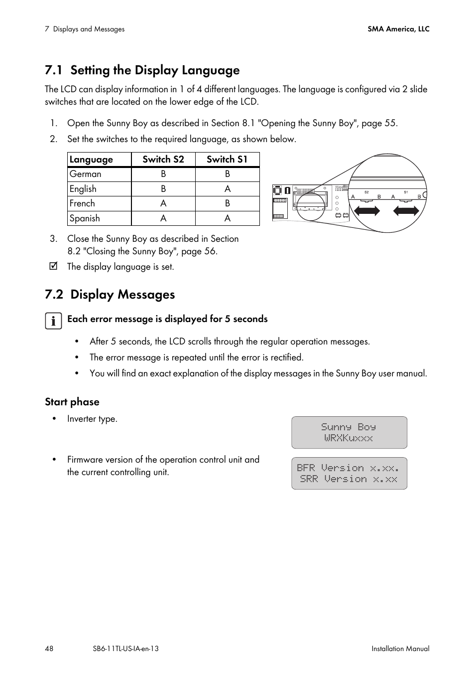 1 setting the display language, 2 display messages, Setting the display language | Display messages | SMA SB 6000TL‑US Installation User Manual | Page 48 / 92