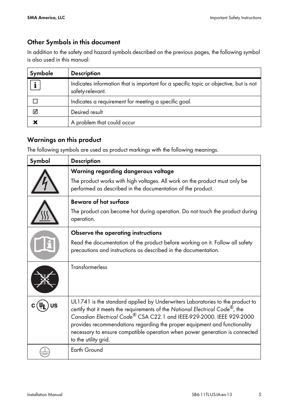 SMA SB 6000TL‑US Installation User Manual | Page 5 / 92