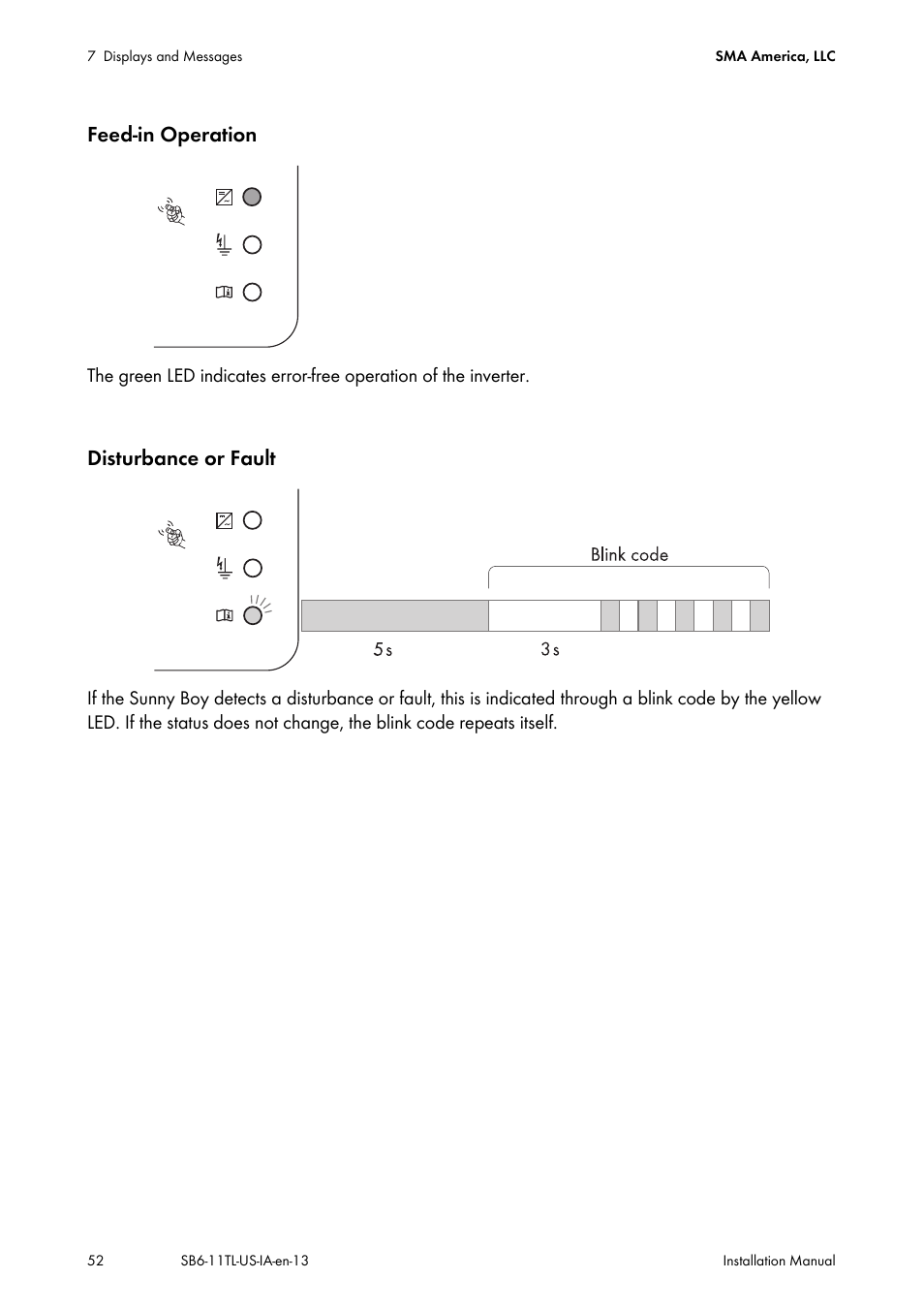 Feed-in operation, Disturbance or fault | SMA SB 6000TL‑US Installation User Manual | Page 52 / 92