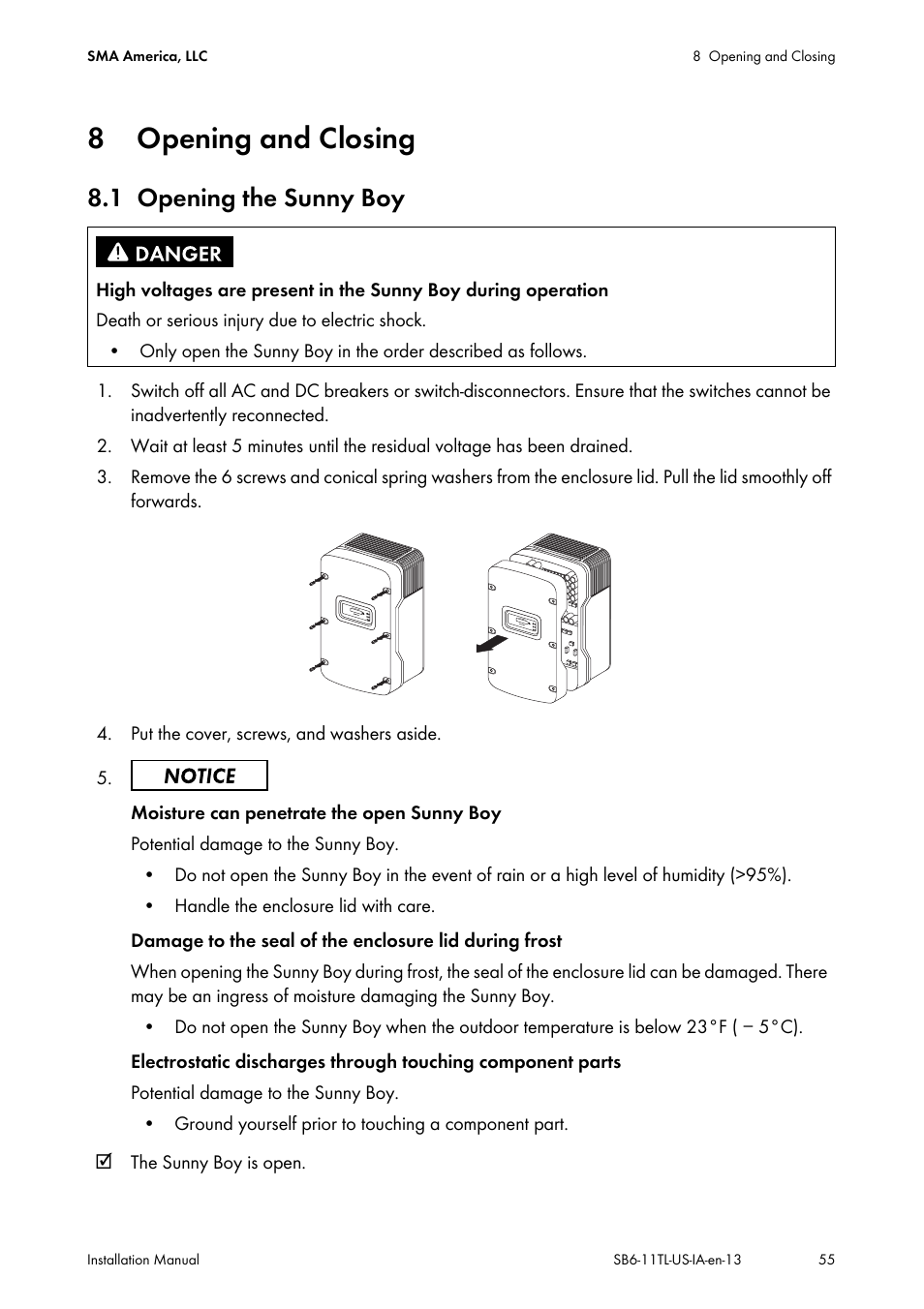 8 opening and closing, 1 opening the sunny boy, Opening and closing | Opening the sunny boy | SMA SB 6000TL‑US Installation User Manual | Page 55 / 92