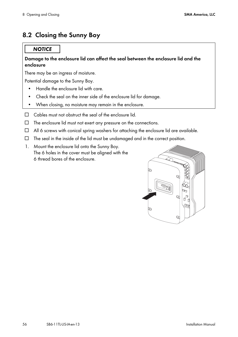 2 closing the sunny boy, Closing the sunny boy | SMA SB 6000TL‑US Installation User Manual | Page 56 / 92