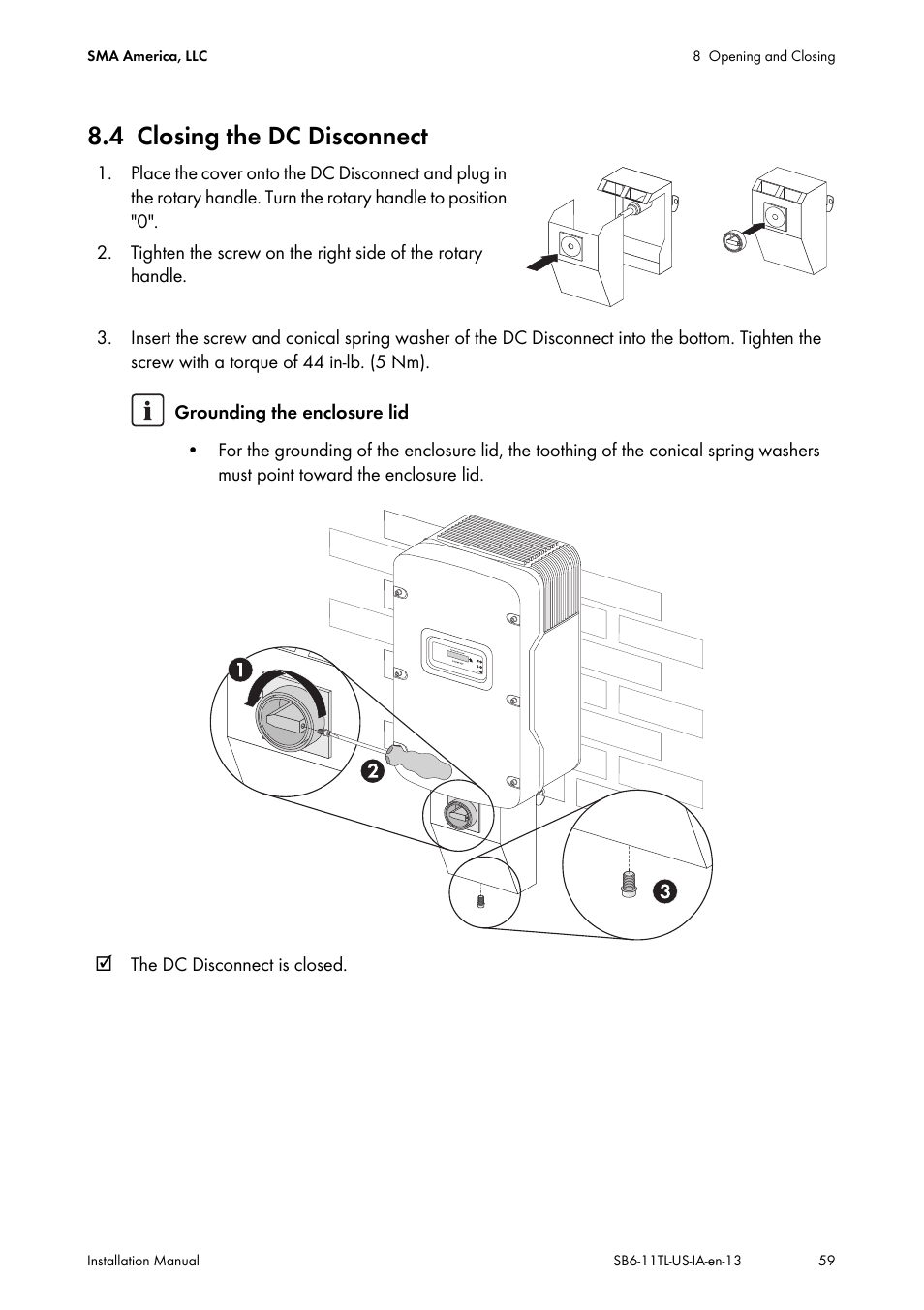 4 closing the dc disconnect, Closing the dc disconnect | SMA SB 6000TL‑US Installation User Manual | Page 59 / 92