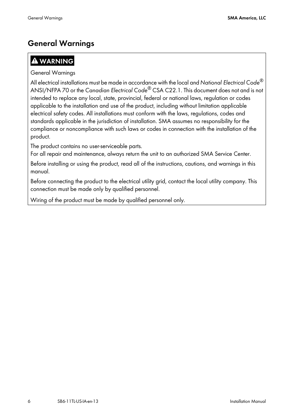General warnings | SMA SB 6000TL‑US Installation User Manual | Page 6 / 92