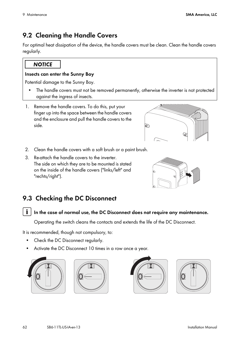 2 cleaning the handle covers, 3 checking the dc disconnect, Cleaning the handle covers | Checking the dc disconnect | SMA SB 6000TL‑US Installation User Manual | Page 62 / 92