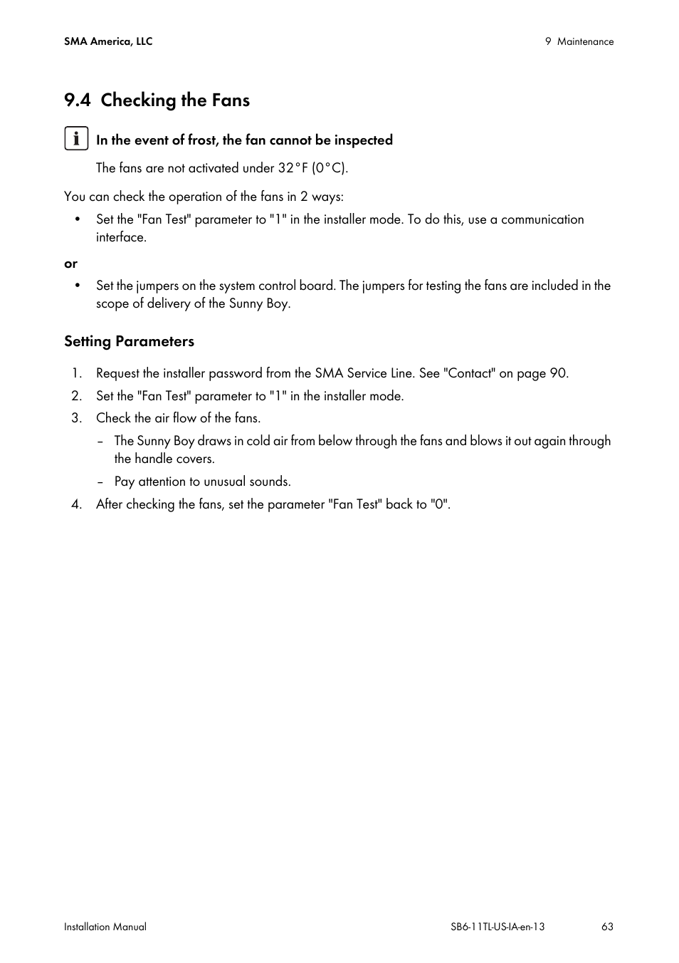 4 checking the fans, Checking the fans | SMA SB 6000TL‑US Installation User Manual | Page 63 / 92