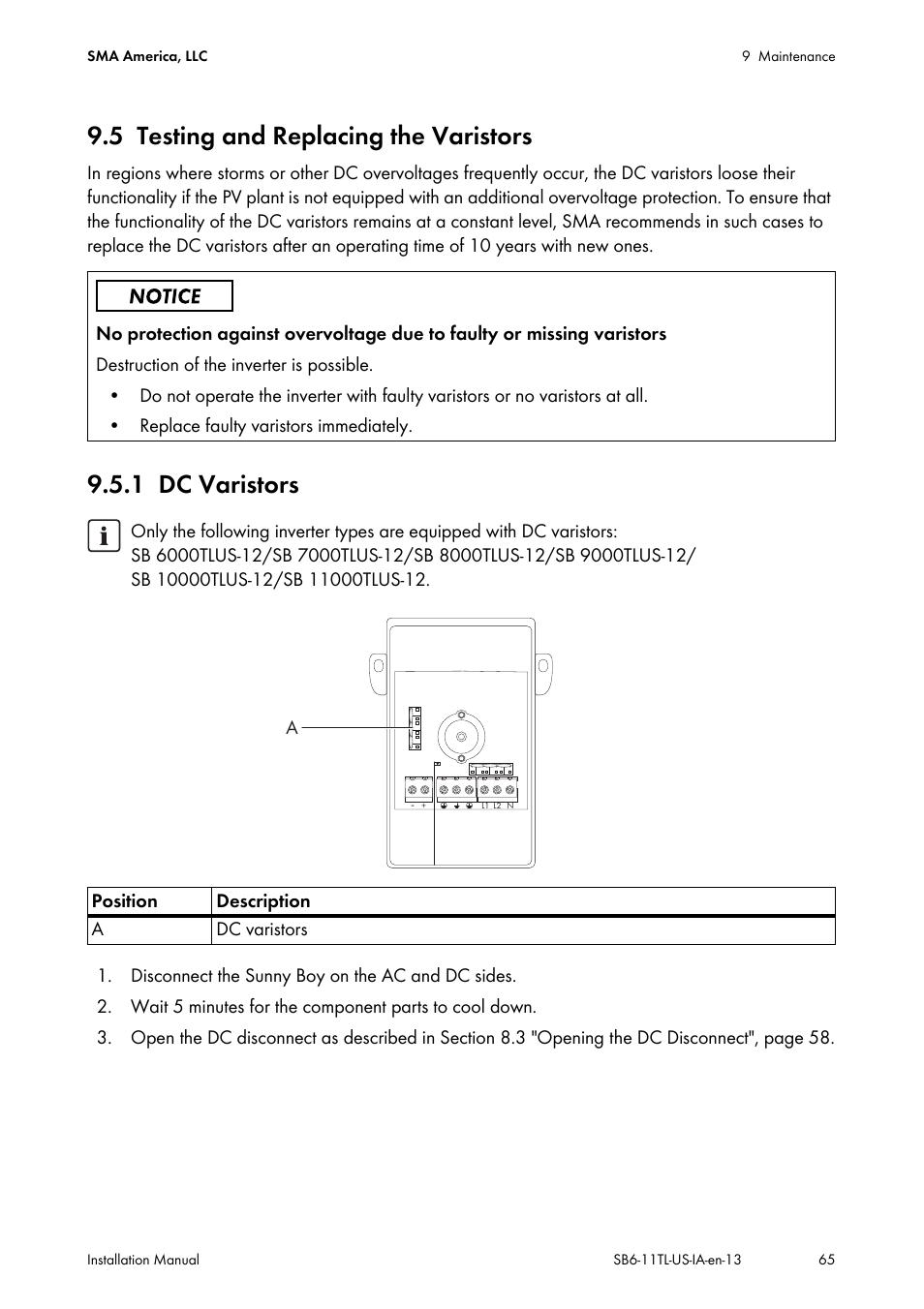 5 testing and replacing the varistors, 1 dc varistors, Testing and replacing the varistors | Dc varistors | SMA SB 6000TL‑US Installation User Manual | Page 65 / 92