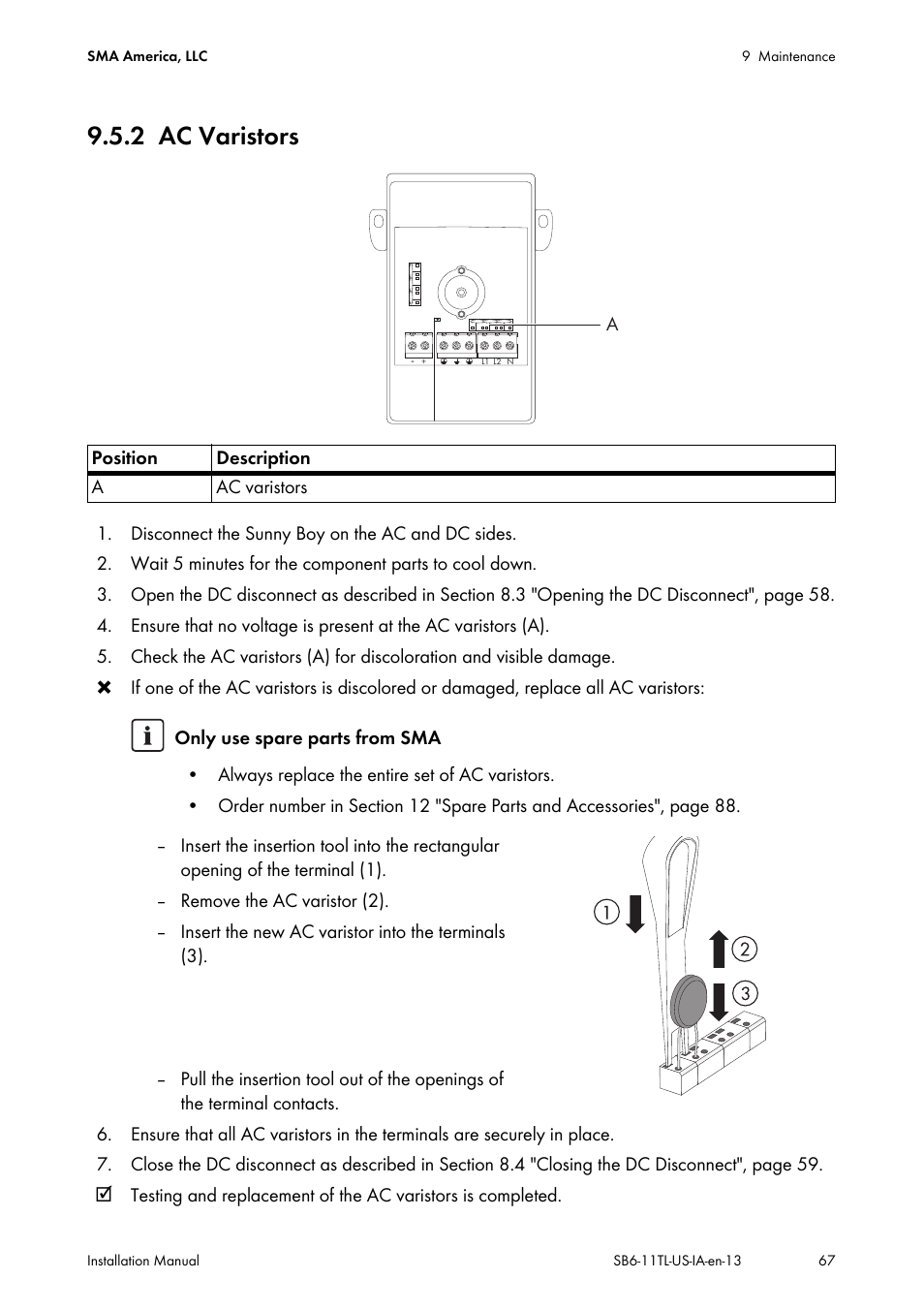 2 ac varistors, Ac varistors | SMA SB 6000TL‑US Installation User Manual | Page 67 / 92