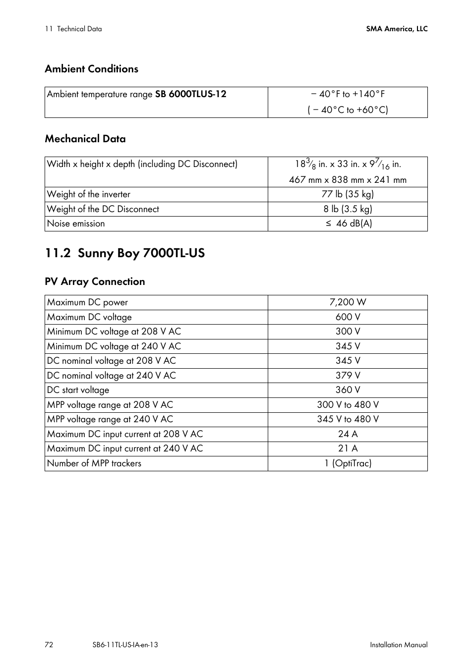 2 sunny boy 7000tl-us, Sunny boy 7000tl-us | SMA SB 6000TL‑US Installation User Manual | Page 72 / 92