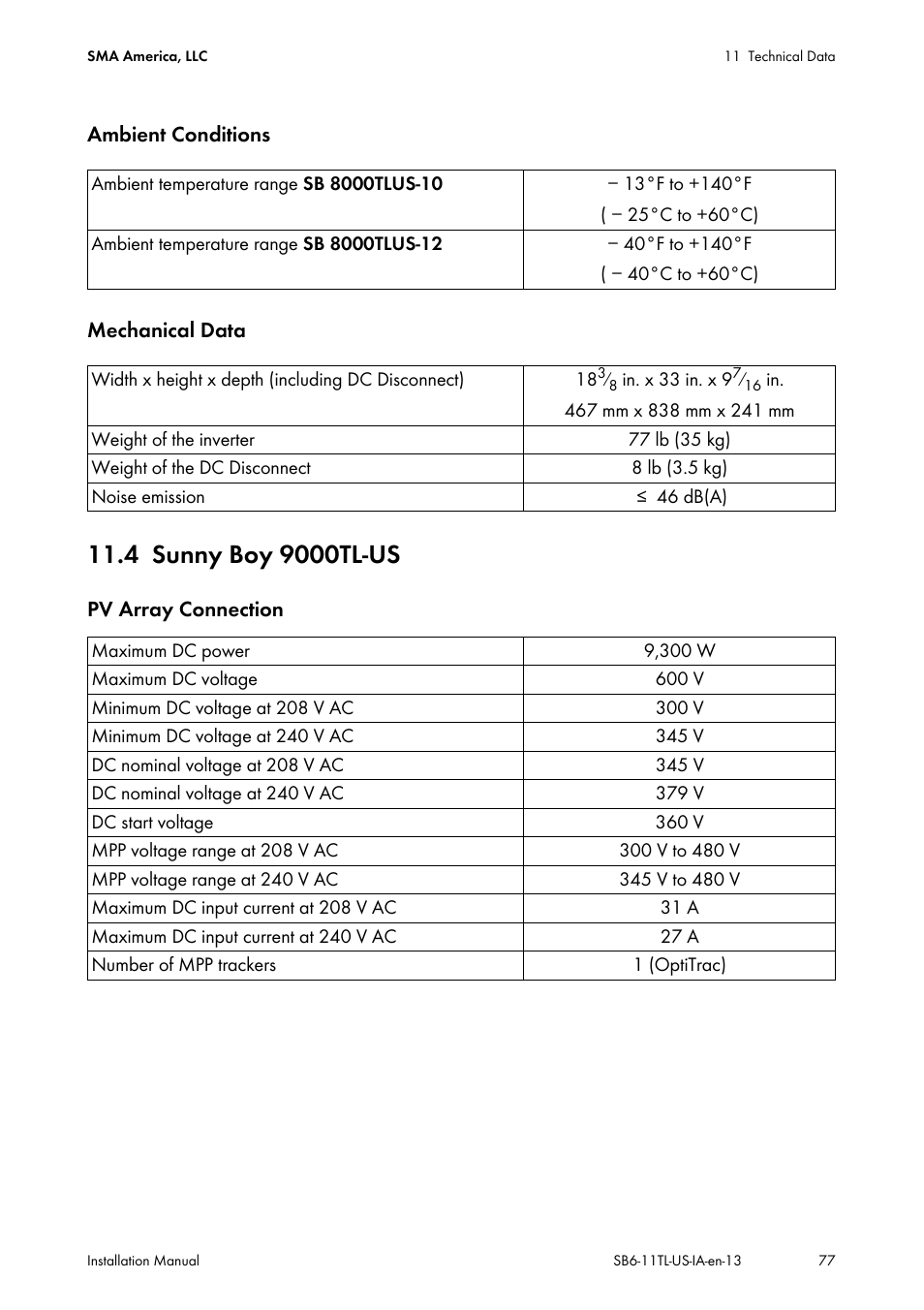 4 sunny boy 9000tl-us, Sunny boy 9000tl-us | SMA SB 6000TL‑US Installation User Manual | Page 77 / 92