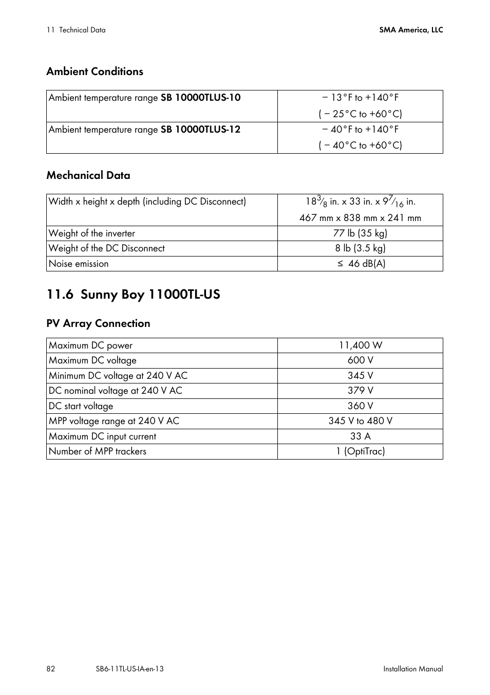 6 sunny boy 11000tl-us, Sunny boy 11000tl-us | SMA SB 6000TL‑US Installation User Manual | Page 82 / 92