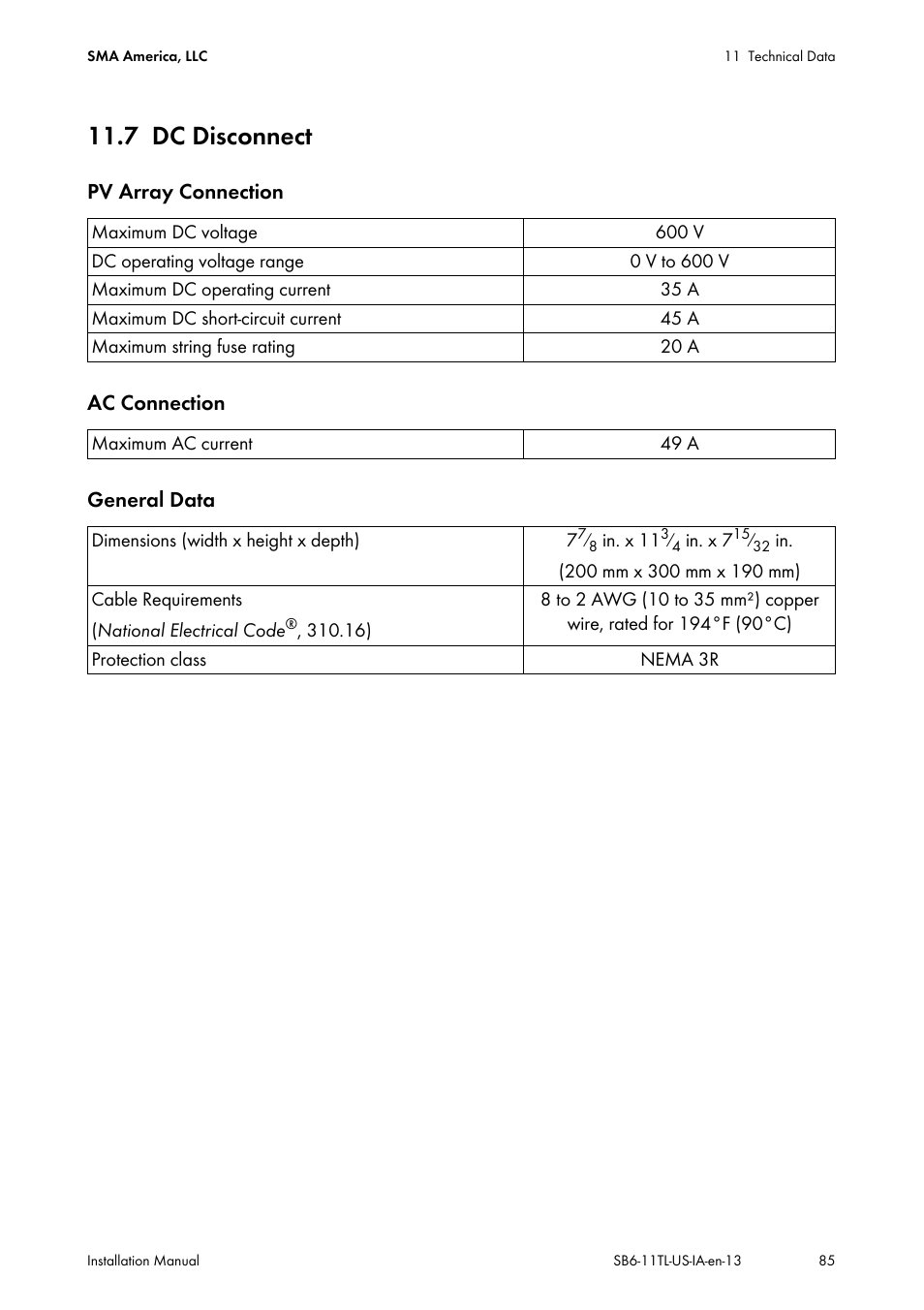 7 dc disconnect, Dc disconnect | SMA SB 6000TL‑US Installation User Manual | Page 85 / 92