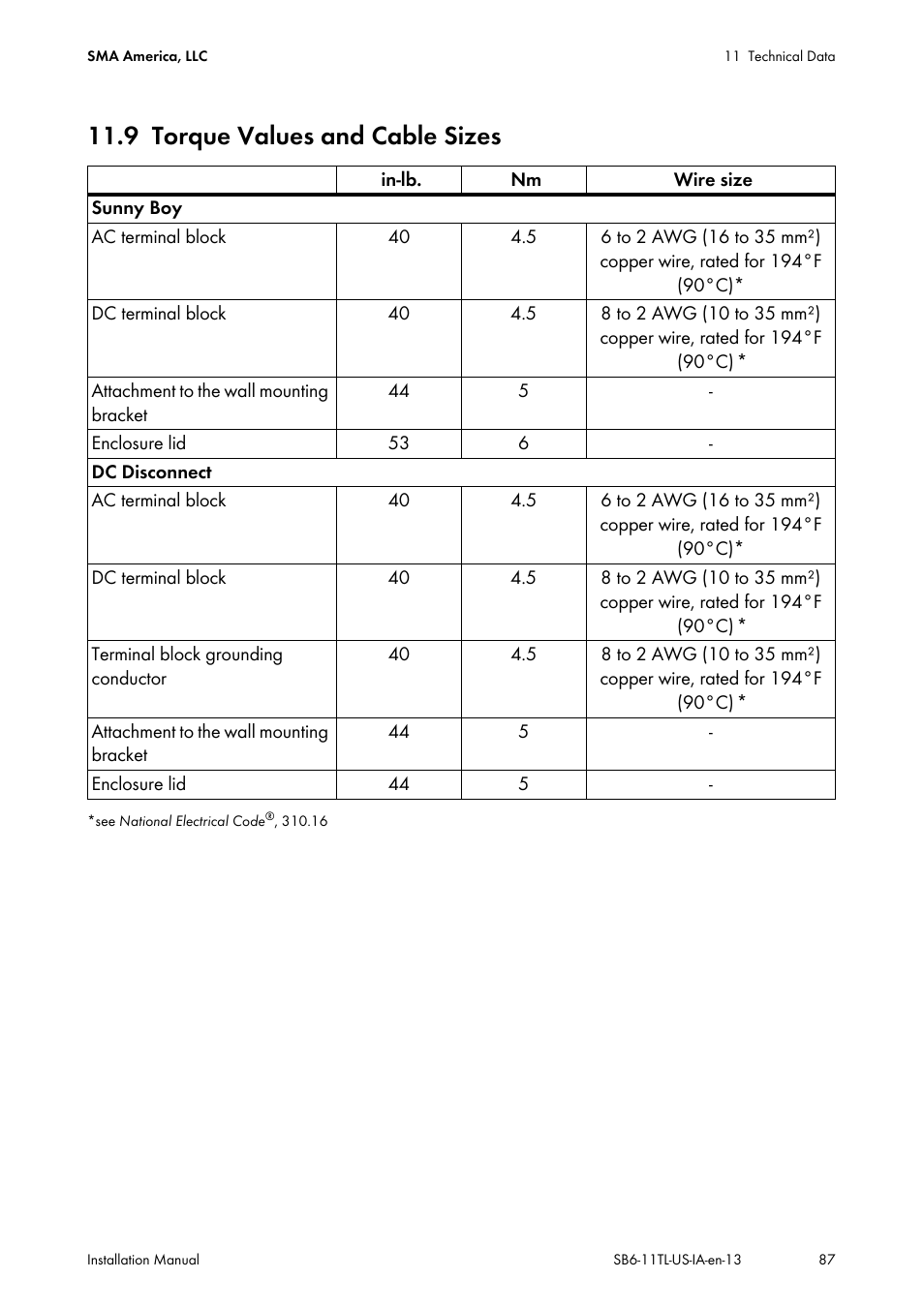 9 torque values and cable sizes, Torque values and cable sizes | SMA SB 6000TL‑US Installation User Manual | Page 87 / 92