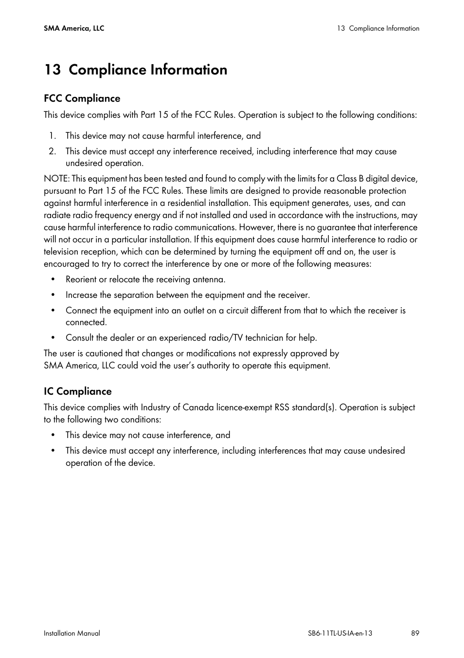 13 compliance information, Compliance information | SMA SB 6000TL‑US Installation User Manual | Page 89 / 92