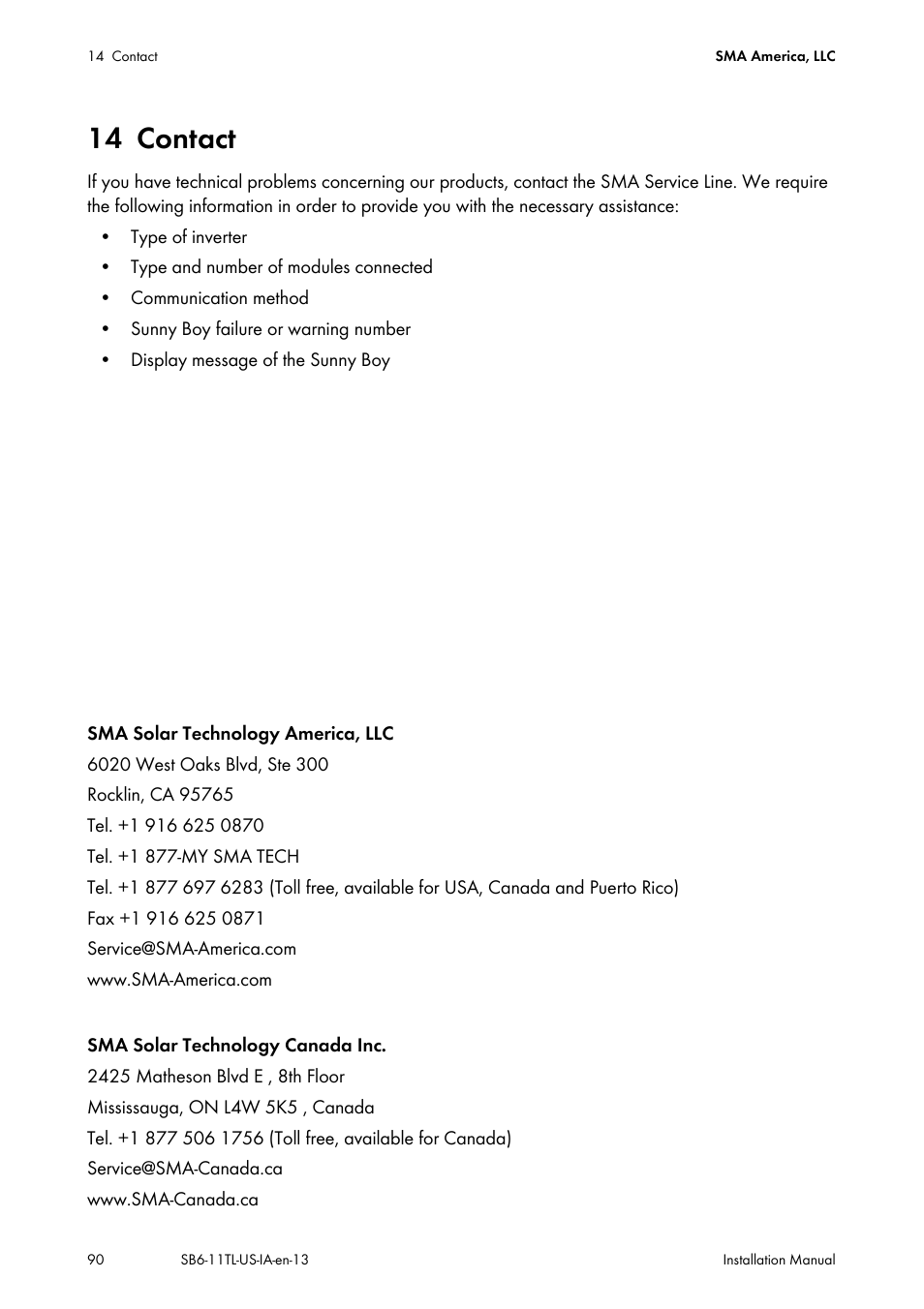 14 contact, Contact | SMA SB 6000TL‑US Installation User Manual | Page 90 / 92
