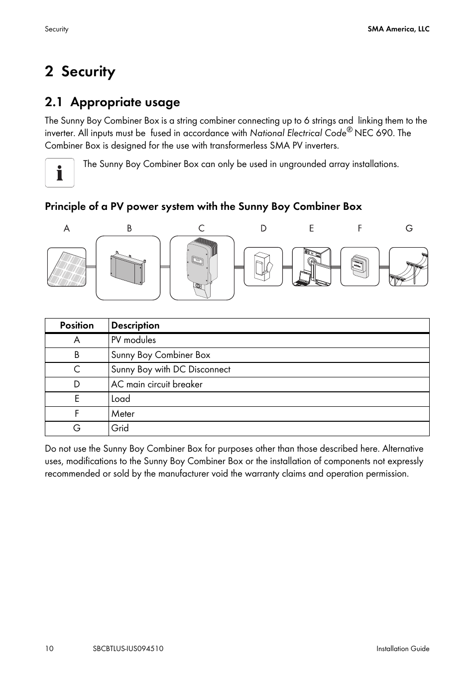 2 security, 1 appropriate usage, Security | Appropriate usage | SMA SBCBTL6 User Manual | Page 10 / 36