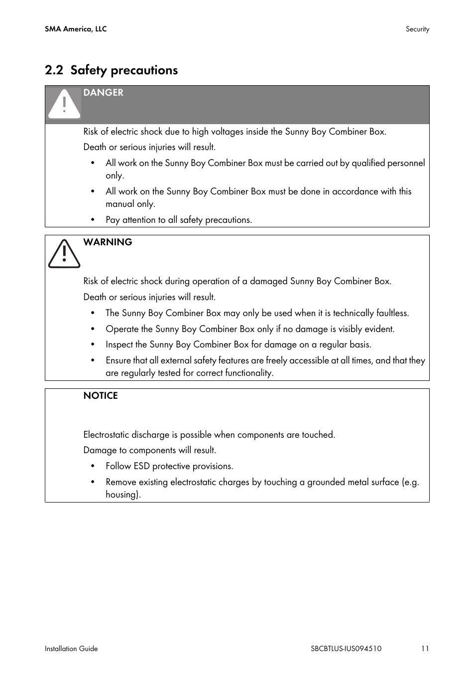 2 safety precautions, Safety precautions | SMA SBCBTL6 User Manual | Page 11 / 36