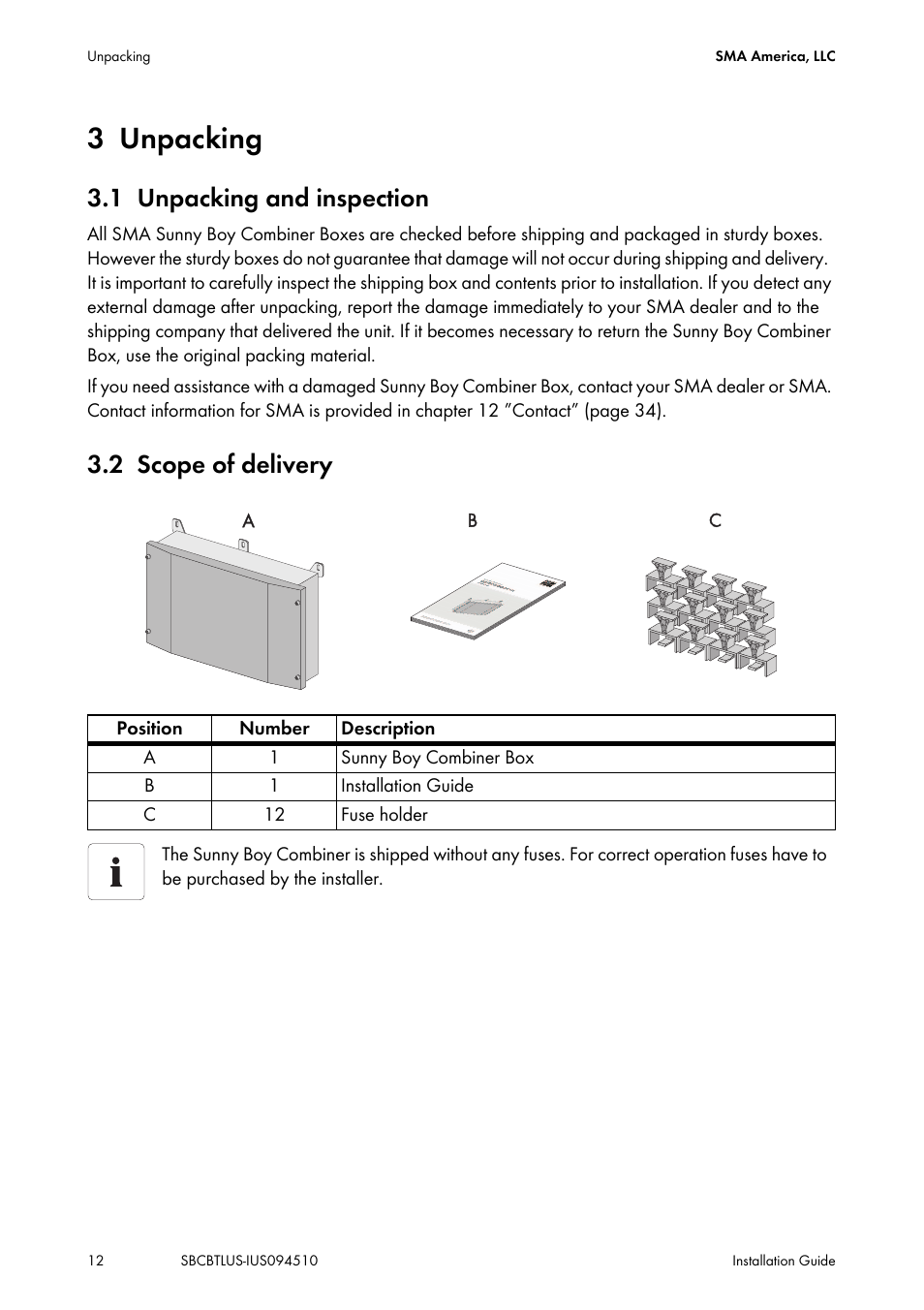 3 unpacking, 1 unpacking and inspection, 2 scope of delivery | Unpacking, Unpacking and inspection, Scope of delivery | SMA SBCBTL6 User Manual | Page 12 / 36