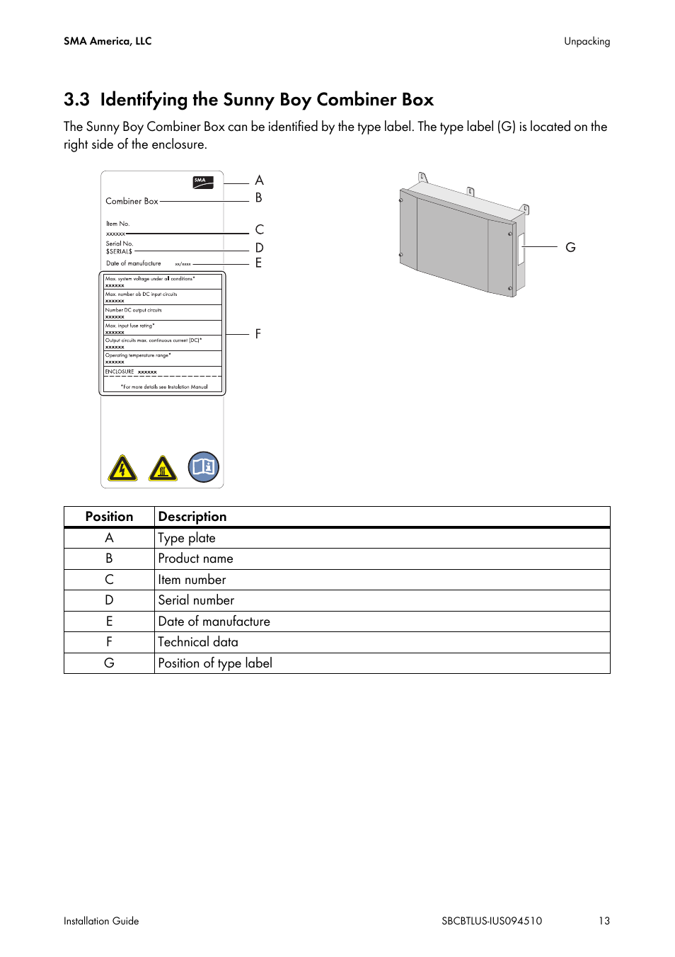 3 identifying the sunny boy combiner box, Identifying the sunny boy combiner box | SMA SBCBTL6 User Manual | Page 13 / 36