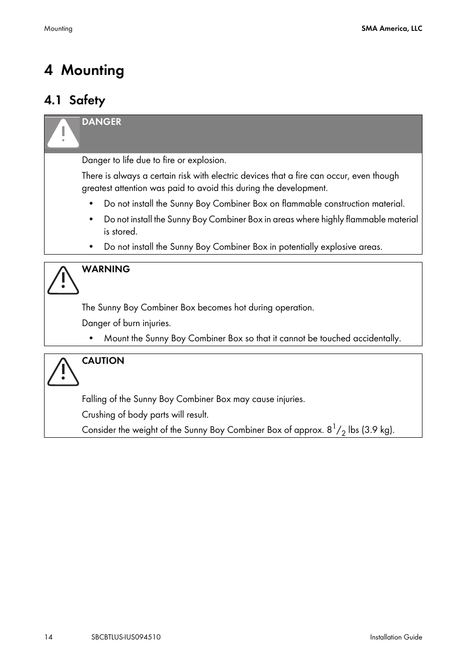 4 mounting, 1 safety, Mounting | Safety | SMA SBCBTL6 User Manual | Page 14 / 36